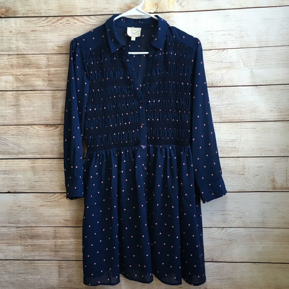VANESSAVIRGINIA SMOCKED MINI DRESS‎ IN NAVY BLUE WITH PINK POLKA DOTS